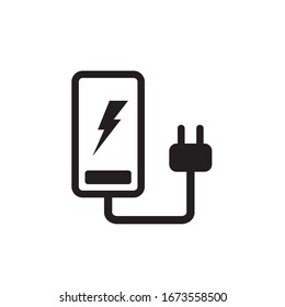 Black And White Phone Battery Charging Icon. Mobile Charge With Plug Vector Illustration, Recharge Symbol, Energy Or Electric Car Charge Station Sign