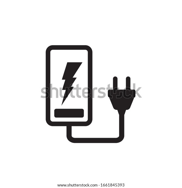Black and white phone battery charging icon.\
Mobile charge with plug vector illustration, recharge symbol,\
energy or electric car charge station\
sign