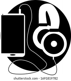 black and white phone and big wired headphones. Concept for online music, audio book, podcast and audio guide. Illustration in flat style. 
