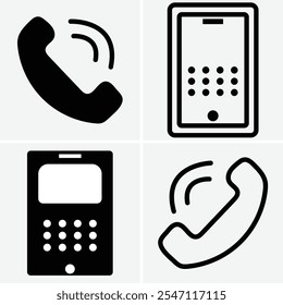 Conjunto de iconos de teléfono blanco negro, señal de llamada telefónica, Contáctenos, Ilustración vectorial