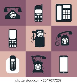 Black and white phone icons. Landline phone, smartphone, vintage phone elements set