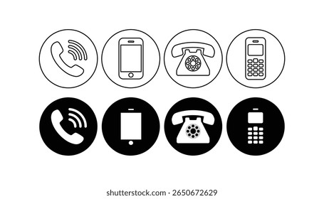 Ícones de telefone preto e branco definidos com smartphone, telefone vintage e símbolos de chamada, perfeito para comunicação, contato, celular e design de interface de usuário.
