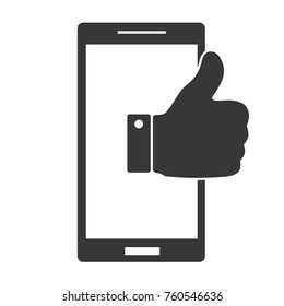 Black and white phone with symbol thumb up. Flat icon of smartphone
