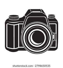 Black and white photo camera icon with lens and dials on white background for graphic design
