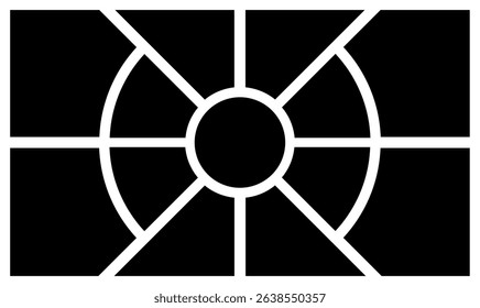 A Black and White Photo Collage Template with Central Radial Design and Rectangular Frames. blank collage frame photo part or picture Vector mockup. frame. picture college. picture frames.