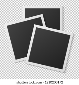 Black and white photo frame with shadows isolated on transparent background. Vector illustration