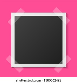 Black and white photo frame with shadows isolated on pink background. Vector illustration