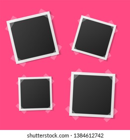Black and white photo frame with shadows isolated on pink background. Vector illustration