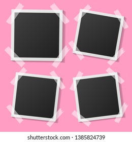 Black and white photo frame with shadows isolated on pink background. Vector illustration