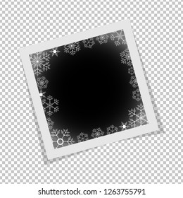 Black and white photo frame with snowflakes isolated on transparent  background. Xmas and New year concept. Vector illustration 