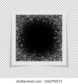 Black and white photo frame with snowflakes isolated on transparent  background. Xmas and New year concept. Vector illustration 
