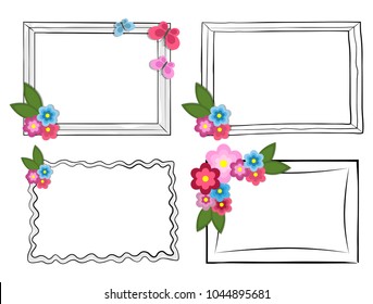 Black and white photo frames with colorful flowers and beautiful batterflies isolated on white background. Simple square and elegant wavy frames set. Decorative frameworks vector illustrations.