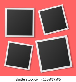 Black and white photo frames with shadows isolated on living coral  background. Vector illustration