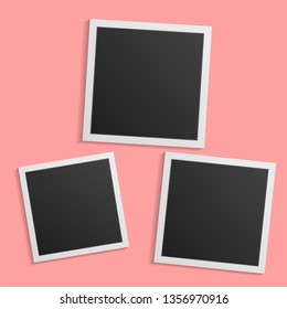 Black and white photo frames with shadows isolated on pink background. Vector illustration