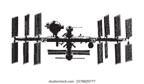 A black and white photo of the International Space Station
