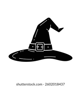 A Black and White Photo of a Witch Hat on a White Background.