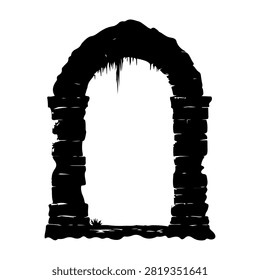 Black and white photograph of an ancient stone archway ruins, showcasing weathered bricks and historical architecture with a plain background.