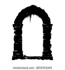 A black and white photograph of an ancient, weathered archway with a rough texture and irregular stones, isolated on a white background.