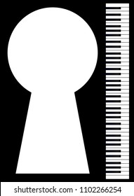 Black and white piano keys set against a black background with a large keyhole for copy