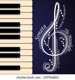 black and white piano keys and the treble clef, vector illustration