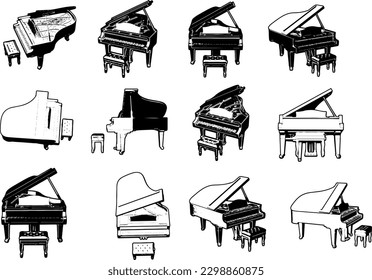 "Juego de vectores de silueta de piano blanco y negro para amantes de la música"
"Sleek Vector Illustration Set de Silhouettes de Piano"
"Juego de siluetas de teclado de piano en formato vectorial"