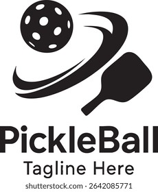 A black and white pickleball logo featuring a ball, paddle, and motion lines. The word pickleball is below with a tagline.