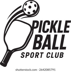 A black and white pickleball logo featuring a paddle, ball with motion lines, and the words "Pickleball Sport Club".