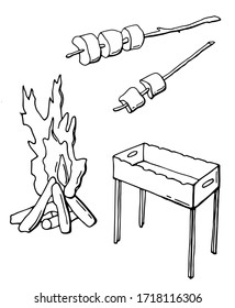 Black and white picnic elements. Bonfire, barbecue, twigs with marshmallow. Line art. White background, isolate. Stock illustration.