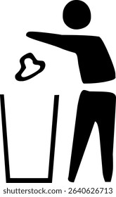 Black and white pictogram of person throwing trash in bin, used to promote proper waste disposal in public spaces with universal symbolism.