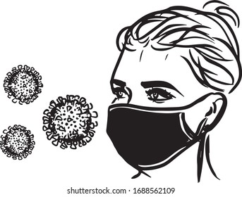 Black and white pictogram. Picture poster with a woman in a protective mask. Coronavirus. EPS 10. Sticker. Isolated outline. Coloring book or packing set. Isolated outline. Coloring book or packing

