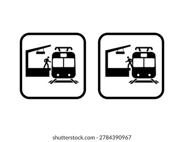 A black and white pictogram set showing a stick figure person boarding and stepping off a train at a station platform.