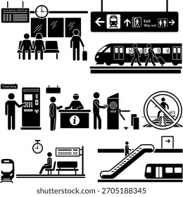 Schwarz-Weiß-Piktogramm-Set für Bahnhof und öffentliche Verkehrsmittel