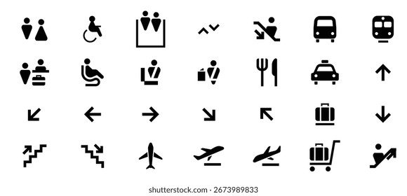 Black And White Pictogram Vector Set Food Drink Travel And Fuel Icons For Web Design. Public Transport And Travel Icons. Vector illustration.