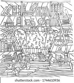 Black and white picture antistress coloring, vector illustration, interior of a room with books,an armchair,a ladder,a globe,a lamp,apples,a pear,a table and flowers