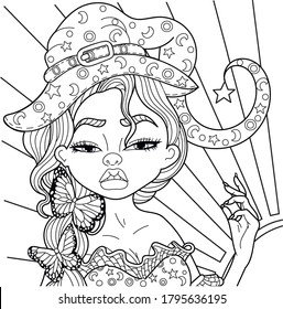 Black and white picture antistress coloring halloween girl in a hat, butterflies, stars, moon.Vector illustration for art therapy, coloring, for greeting cards, posters, stickers, design,wallpaper.