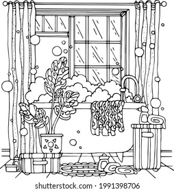 Black and white picture antistress coloring, vector illustration, bathroom interior with bathtub, flowers, window, towel, soap bubbles.Vector illustration for art therapy, coloring.