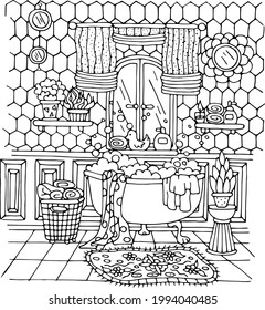 Black and white picture antistress coloring, vector illustration, bathroom interior with bathtub, flowers, window, towel, soap bubbles, washbasin, mirror.Vector illustration for art therapy, coloring.