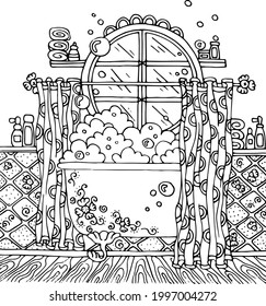 Black and white picture antistress coloring, vector illustration, bathroom interior with bathtub, flowers, window, towel, soap bubbles, washbasin, towel.Vector illustration for art therapy, coloring.