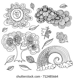 Black and white picture of a child smiling cloud, a laughing sun, a rainbow, a tree, a leaf. Elements with patterns, coloring of anti-stress
