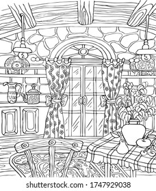 Black and white picture for coloring antistress on the theme of the interior, glass doors, curtains, bows, jug, teapot, cabinets, plates, masonry on the wall, lamps, wooden boards, beams, wooden floor