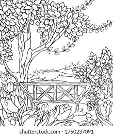 Black and white picture for coloring antistress vector park with a bench.
