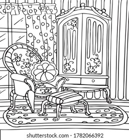 Black and white picture for coloring antistress on the theme of interior with an armchair, wardrobe, pillow, carpet, window, curtains, wallpaper.Vector illustration for art therapy, coloring.