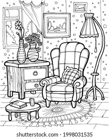 Black and white picture for coloring book, home interior of a room vector illustration 