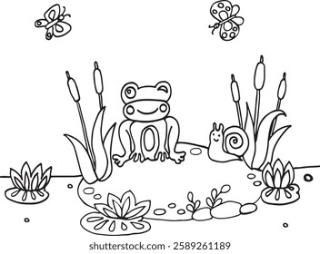 black and white picture coloring, frog and snail in the reeds on the lake, butterflies, landscape, coloring, picture, children's picture, task for children