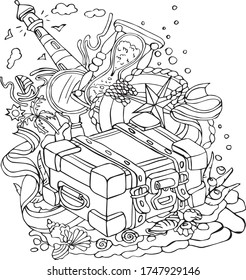 Black and white picture for coloring on the marine theme, chest, lifebuoy, ribbon, magnifier, palm tree, sun, hourglass, birds, ship, shells, algae, seabed, clouds, lighthouse