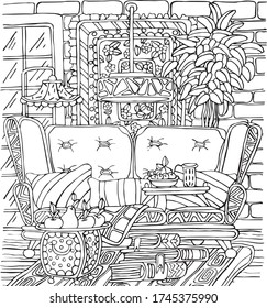 Black and white picture for coloring,interior drawing with a sofa,flowers,carpets,pillows,a lamp,a window,with fruits on a stand,books