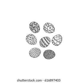 Black and white picture drawn by hand, vector, Easter eggs with different pattern.