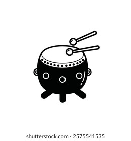 A Black and White Picture of a Drum With Chopsticks on It.