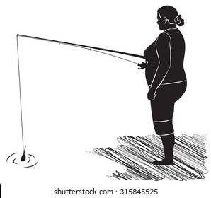 Black and white picture. Fat fisherwoman fishing on the bank. Vector illustration