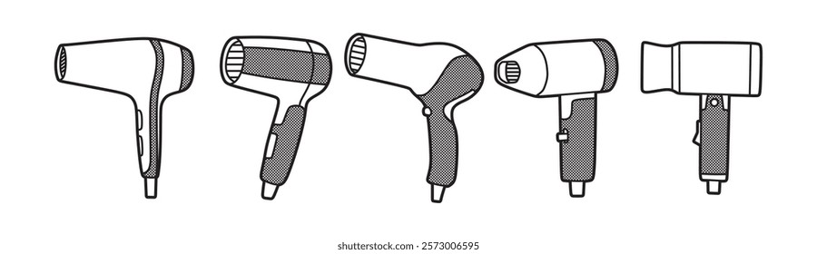 black and white picture, five left hair dryers